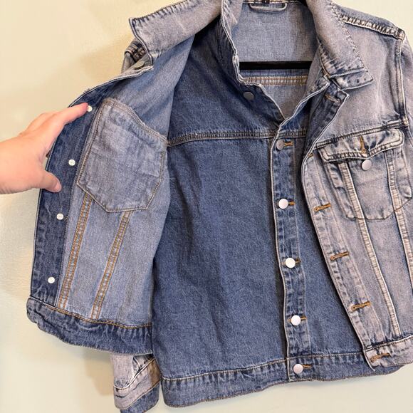 Lea Viola Denim Jacket Womens S Blue 2 Tone Patch Trucker Collared Button Casual - Picture 3 of 8